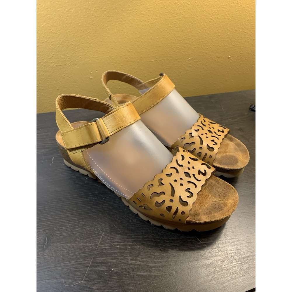 DORKING Tan Cut-Out Leather Quarter Strap Wedge Heel‎ Sandals EUR 39≈ US 8.5